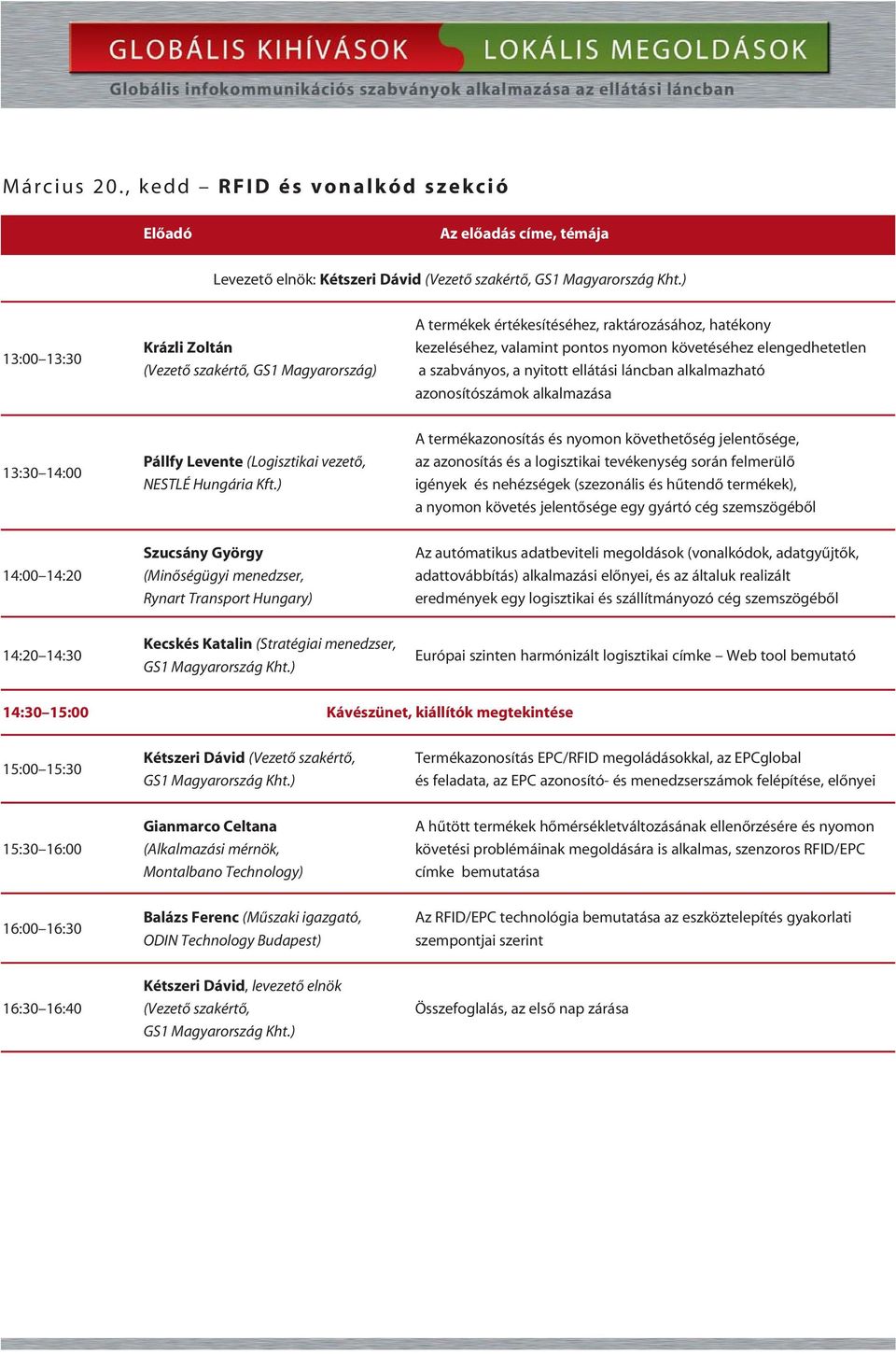 kezeléséhez, valamint pontos nyomon követéséhez elengedhetetlen a szabványos, a nyitott ellátási láncban alkalmazható azonosítószámok alkalmazása 13:30 14:00 Pállfy Levente (Logisztikai vezetõ,