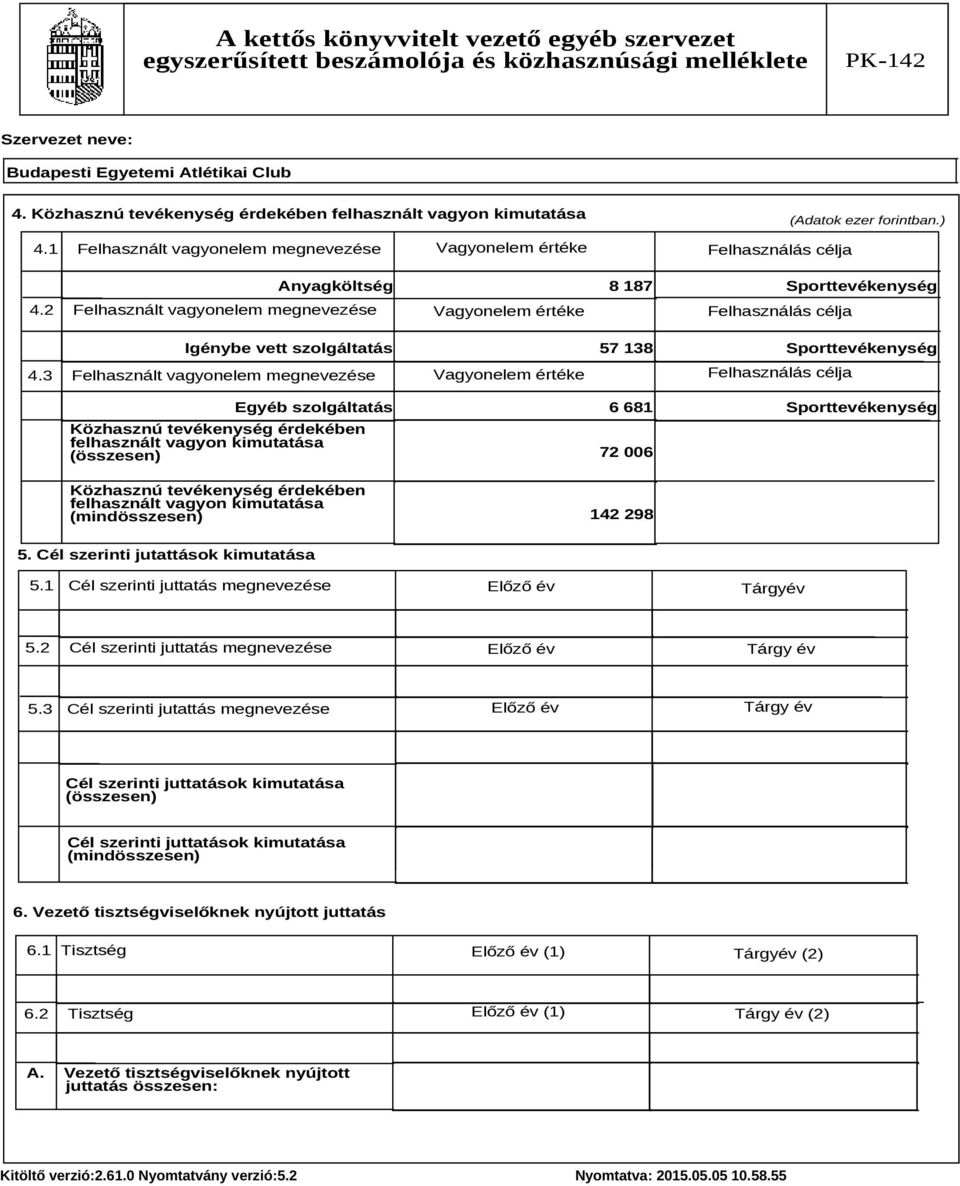 3 Felhasznált vagyonelem megnevezése Vagyonelem értéke Felhasználás célja Közhasznú tevékenység érdekében felhasznált vagyon kimutatása (összesen) Anyagköltség 8 187 Sporttevékenység Igénybe vett