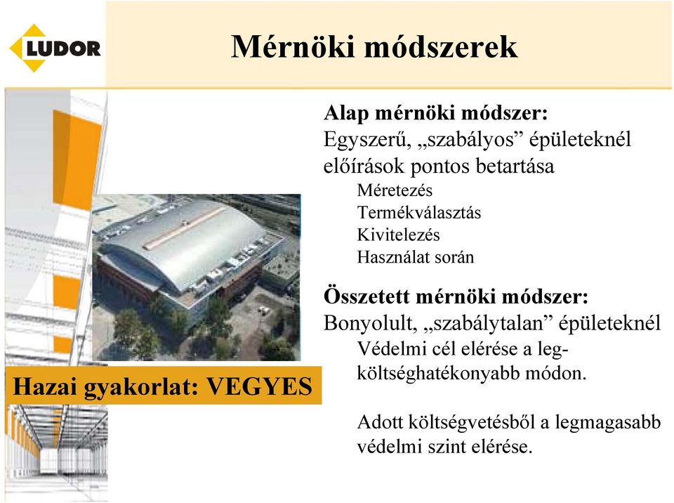 VEGYES Összetett mérnöki módszer: Bonyolult, szabálytalan épületeknél Védelmi cél