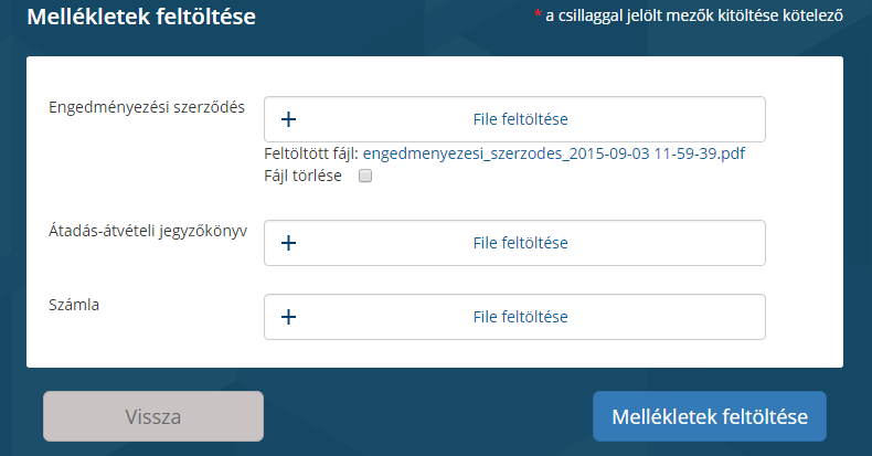 Ekkor jön be a Mellékletek feltöltése oldal: Itt látható(ak) a már feltöltött fájl(ok) és tölthetőek fel a még hiányzóak.