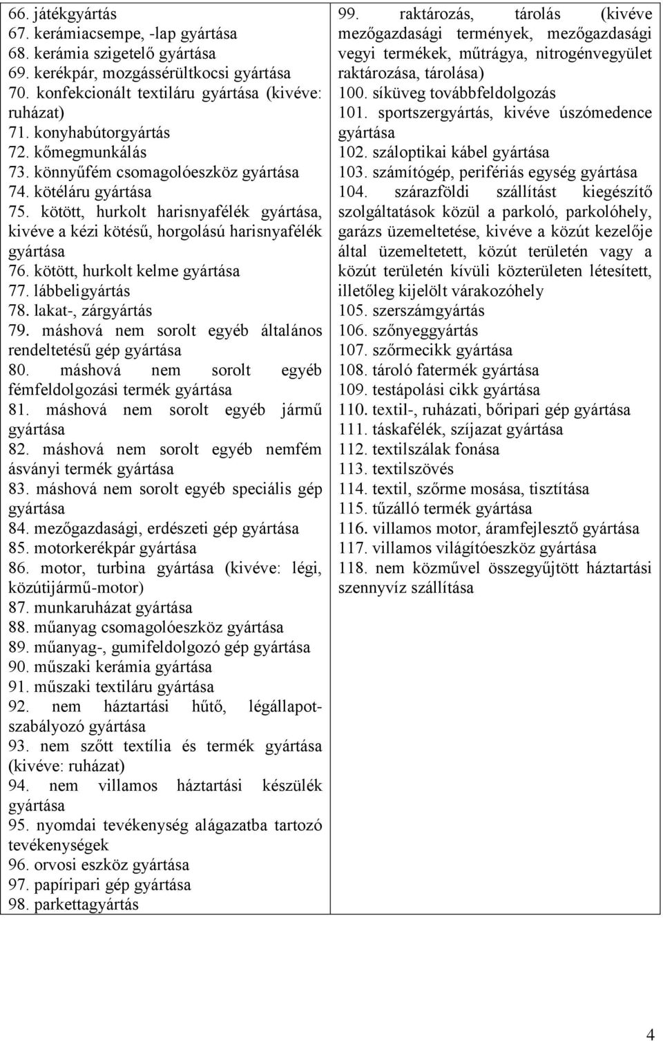 máshová nem sorolt egyéb általános rendeltetésű gép 80. máshová nem sorolt egyéb fémfeldolgozási termék 81. máshová nem sorolt egyéb jármű 82. máshová nem sorolt egyéb nemfém ásványi termék 83.