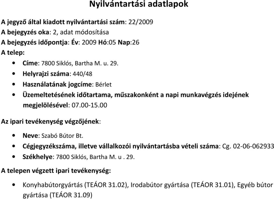 00 Neve: Szabó Bútor Bt. Cégjegyzékszáma, illetve vállalkozói nyilvántartásba vételi száma: Cg.