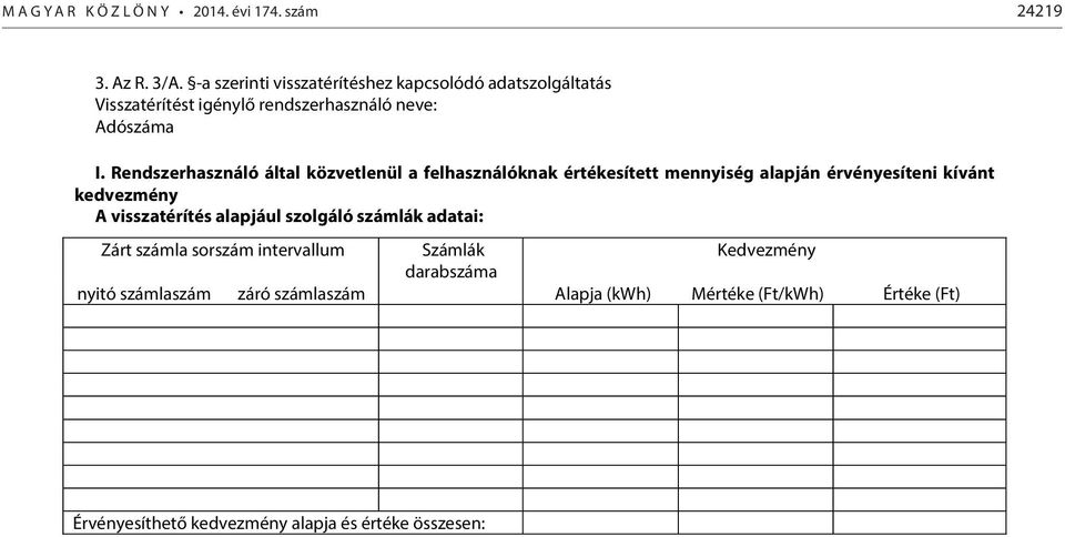 Rendszerhasználó által közvetlenül a knak értékesített mennyiség alapján érvényesíteni kívánt kedvezmény A visszatérítés alapjául