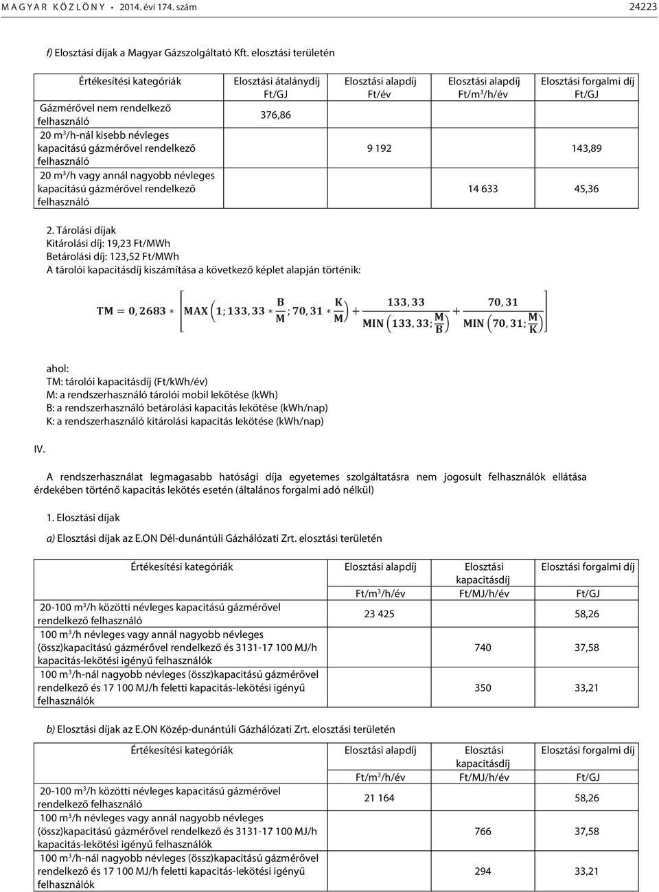 Elosztási alapdíj Ft/m 3 /h/év Elosztási forgalmi díj Ft/GJ 9 192 143,89 14 633 45,36 2.