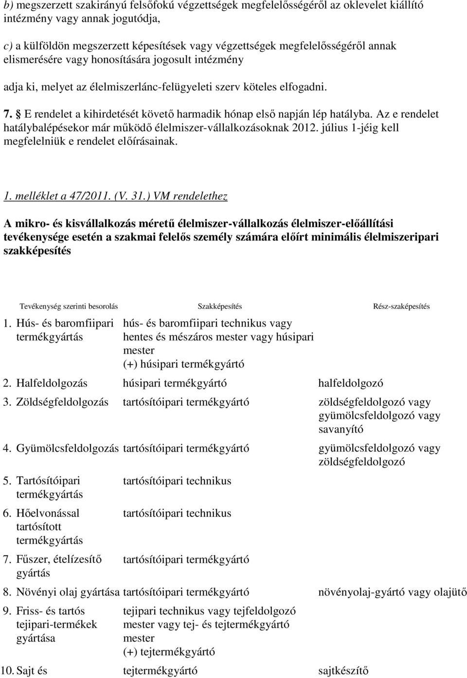 E rendelet a kihirdetését követı harmadik hónap elsı napján lép hatályba. Az e rendelet hatálybalépésekor már mőködı élelmiszer-vállalkozásoknak 2012.