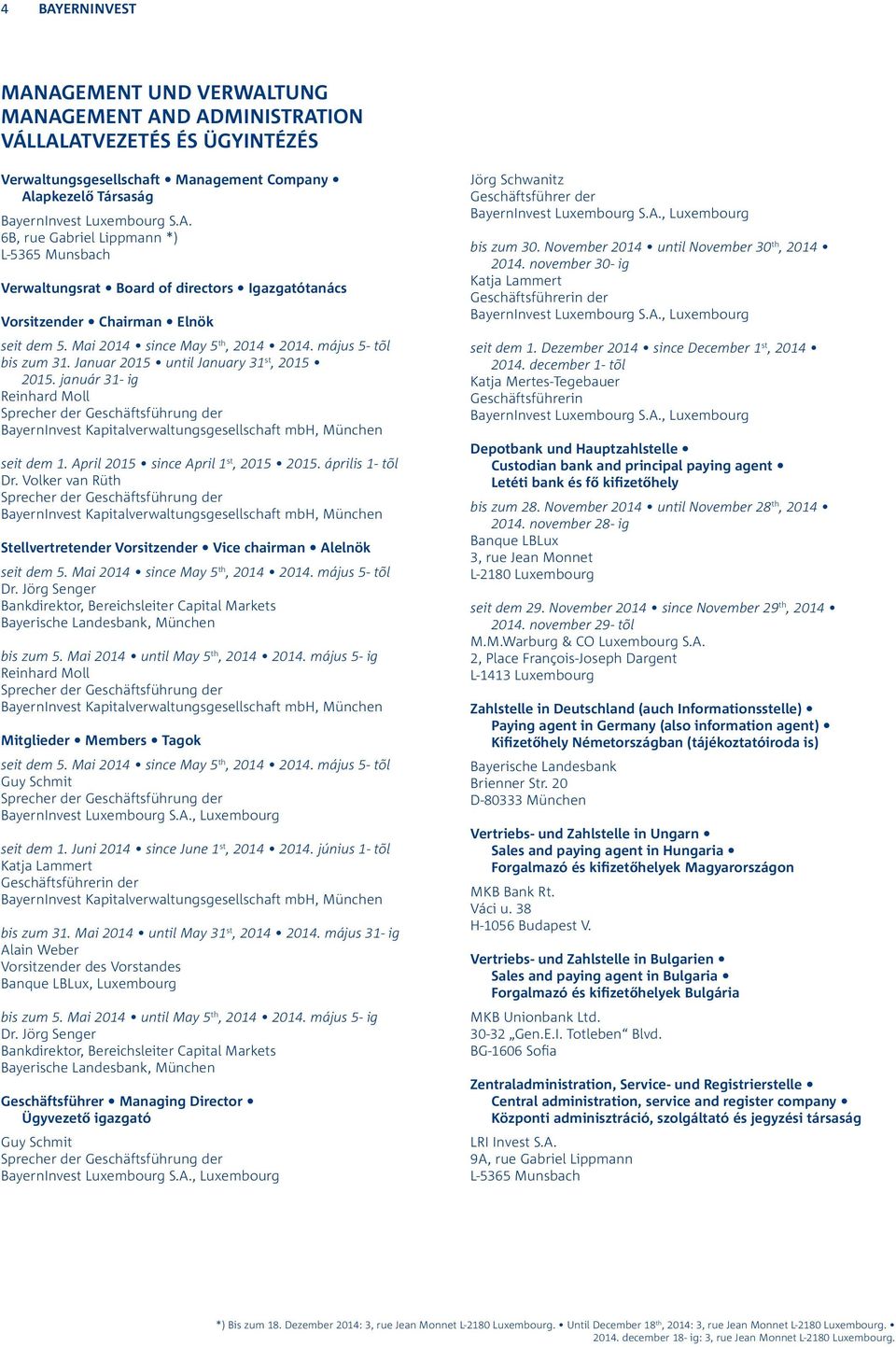 január 31- ig Reinhard Moll Sprecher der Geschäftsführung der BayernInvest Kapitalverwaltungsgesellschaft mbh, München seit dem 1. April 2015 since April 1 st, 2015 2015. április 1- tõl Dr.