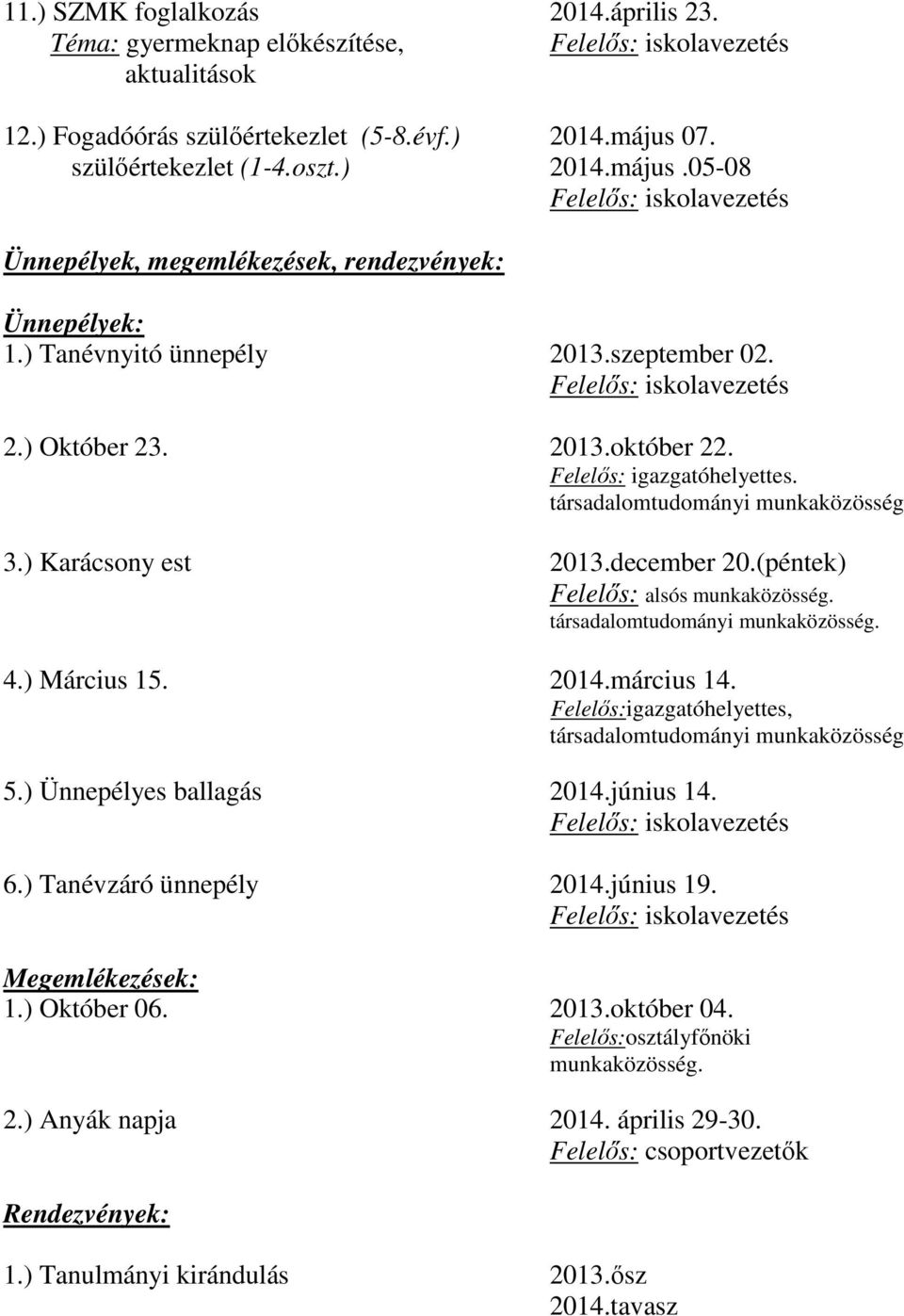 (péntek) Felelıs: alsós munkaközösség. társadalomtudományi munkaközösség. 4.) Március 15. 2014.március 14. Felelıs:igazgatóhelyettes, társadalomtudományi munkaközösség 5.) Ünnepélyes ballagás 2014.