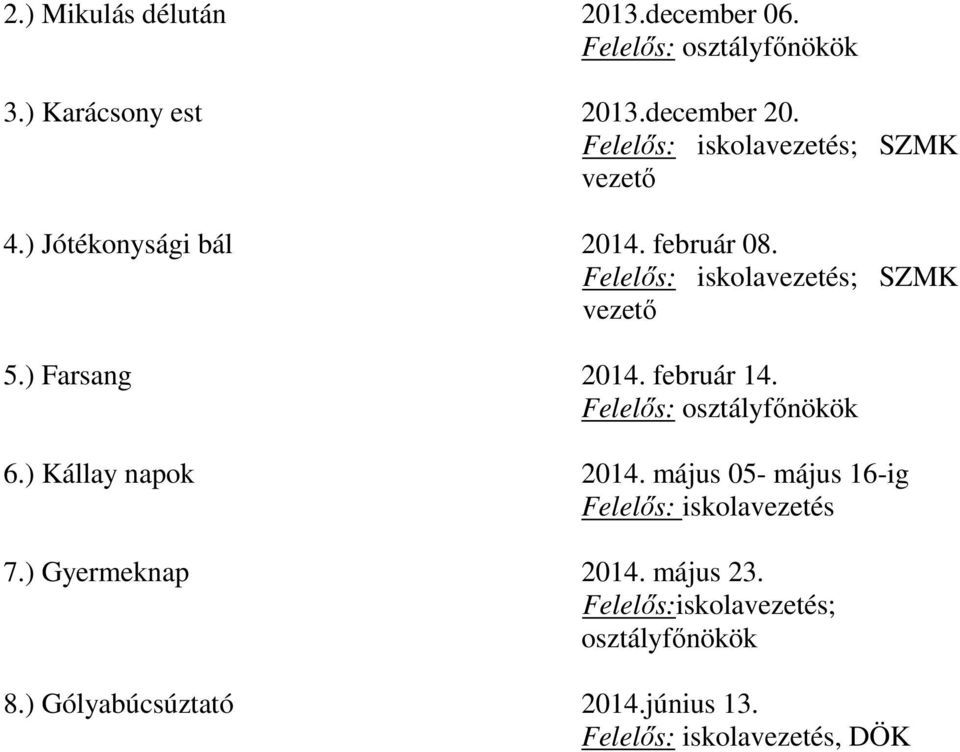 ) Farsang 2014. február 14. 6.) Kállay napok 2014. május 05- május 16-ig 7.