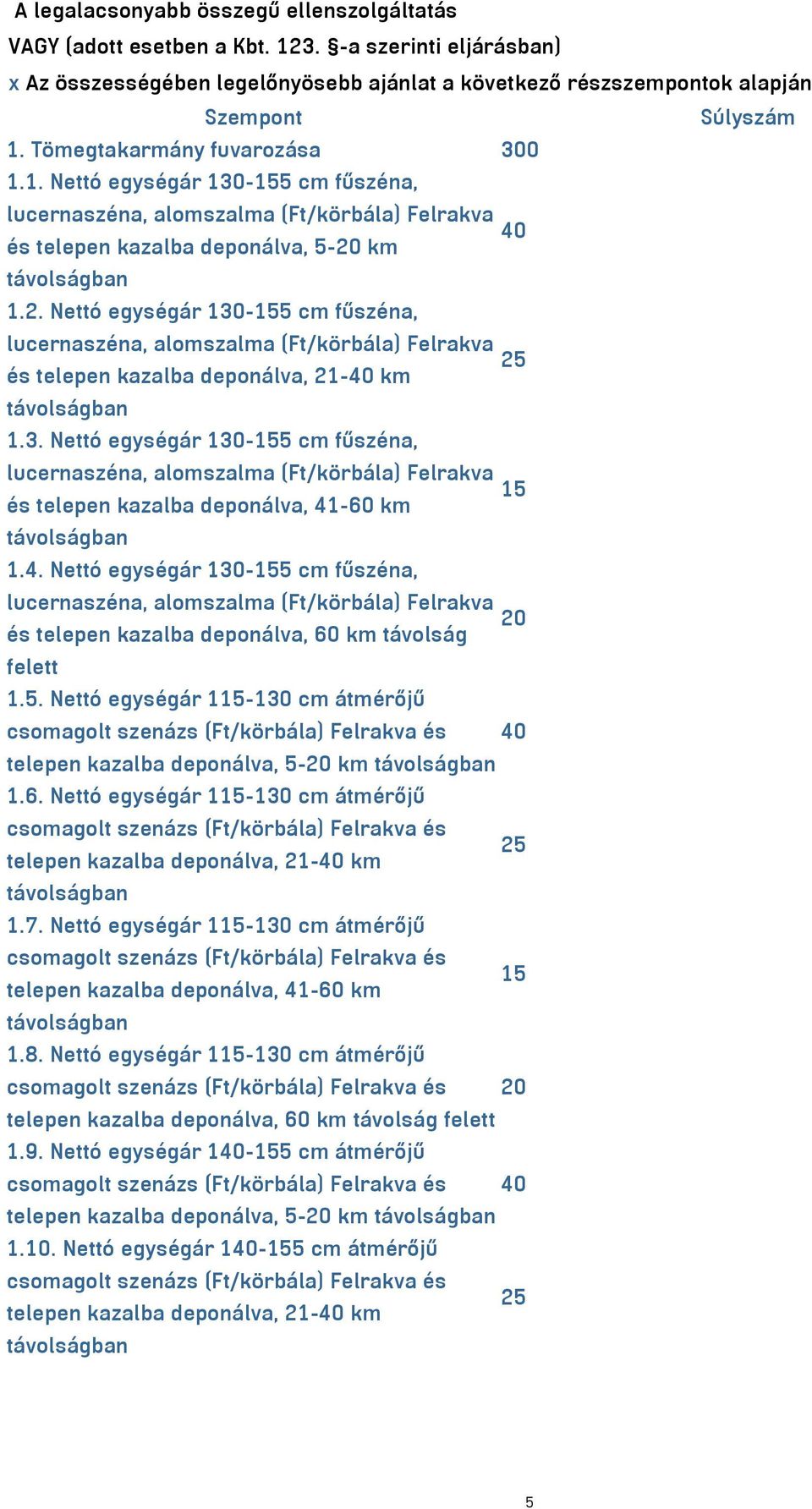 km távolságban 1.2. Nettó egységár 130-155 cm fűszéna, lucernaszéna, alomszalma (Ft/körbála) Felrakva 25 és telepen kazalba deponálva, 21-40 km távolságban 1.3. Nettó egységár 130-155 cm fűszéna, lucernaszéna, alomszalma (Ft/körbála) Felrakva 15 és telepen kazalba deponálva, 41-60 km távolságban 1.