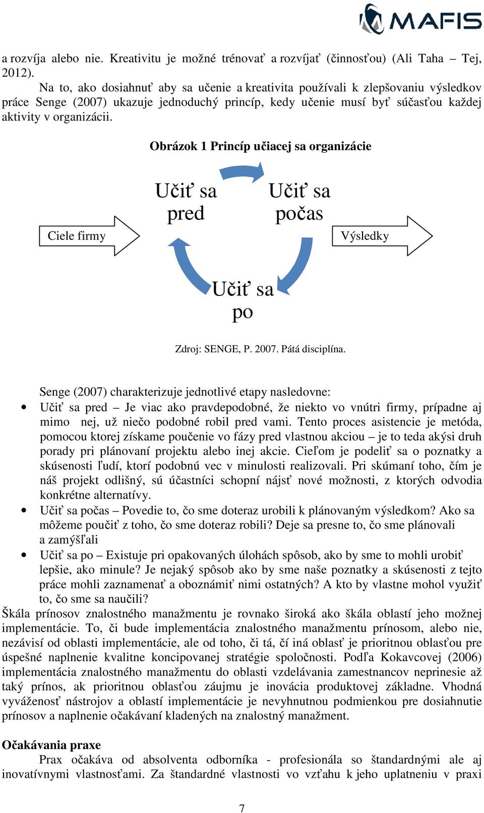 Obrázok 1 Princíp učiacej sa organizácie Ciele firmy Učiť sa pred Učiť sa počas Výsledky Učiť sa po Zdroj: SENGE, P. 2007. Pátá disciplína.