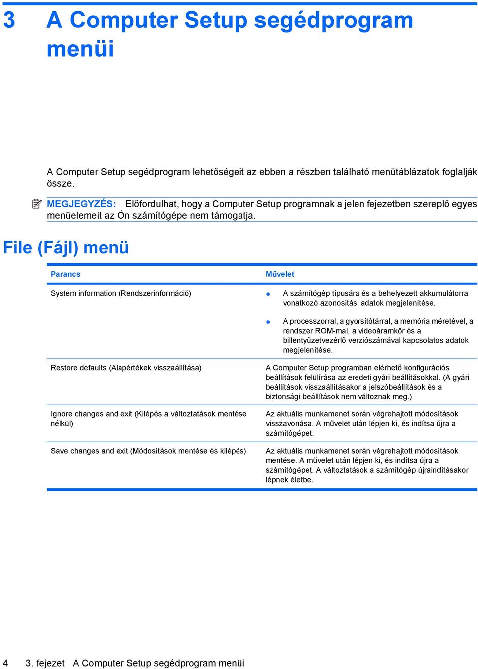 File (Fájl) menü Parancs Művelet System information (Rendszerinformáció) A számítógép típusára és a behelyezett akkumulátorra vonatkozó azonosítási adatok megjelenítése.