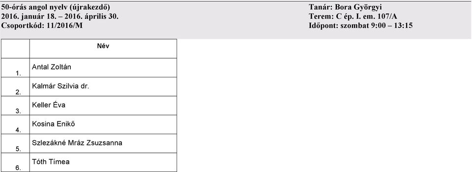 107/A Csoportkód: 11/2016/M Időpont: szombat 9:00 13:15 Antal