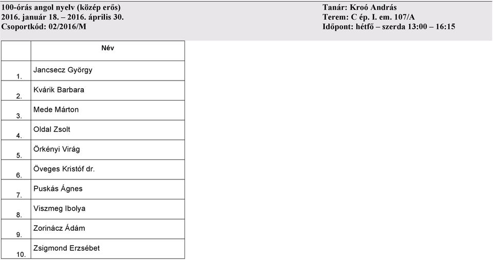 107/A Csoportkód: 02/2016/M Időpont: hétfő szerda 13:00 16:15 7. 8. 9. 10.