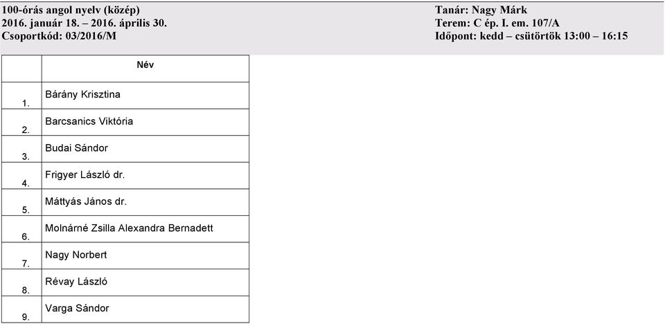 107/A Csoportkód: 03/2016/M Időpont: kedd csütörtök 13:00 16:15 7. 8. 9.