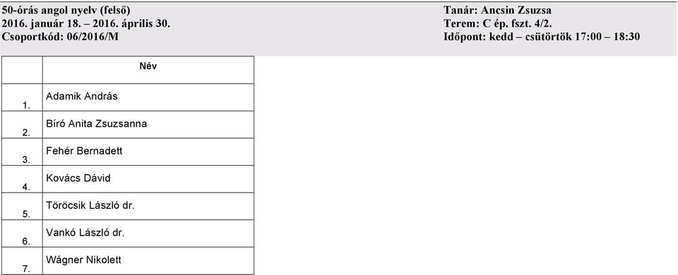 4/ Csoportkód: 06/2016/M Időpont: kedd csütörtök 17:00 18:30 7.