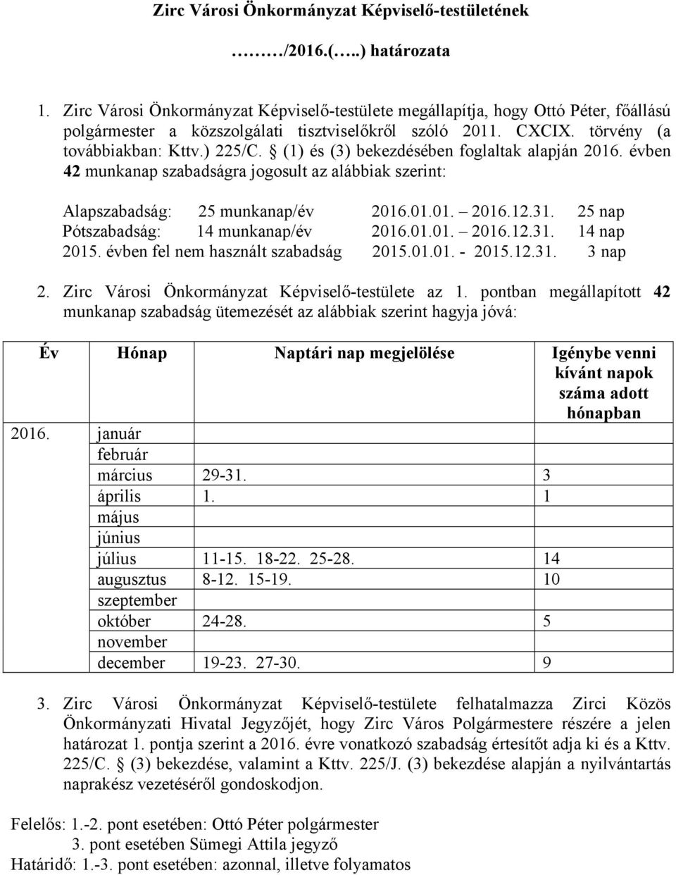 (1) és (3) bekezdésében foglaltak alapján 2016. évben 42 munkanap szabadságra jogosult az alábbiak szerint: Alapszabadság: 25 munkanap/év 2016.01.01. 2016.12.31.