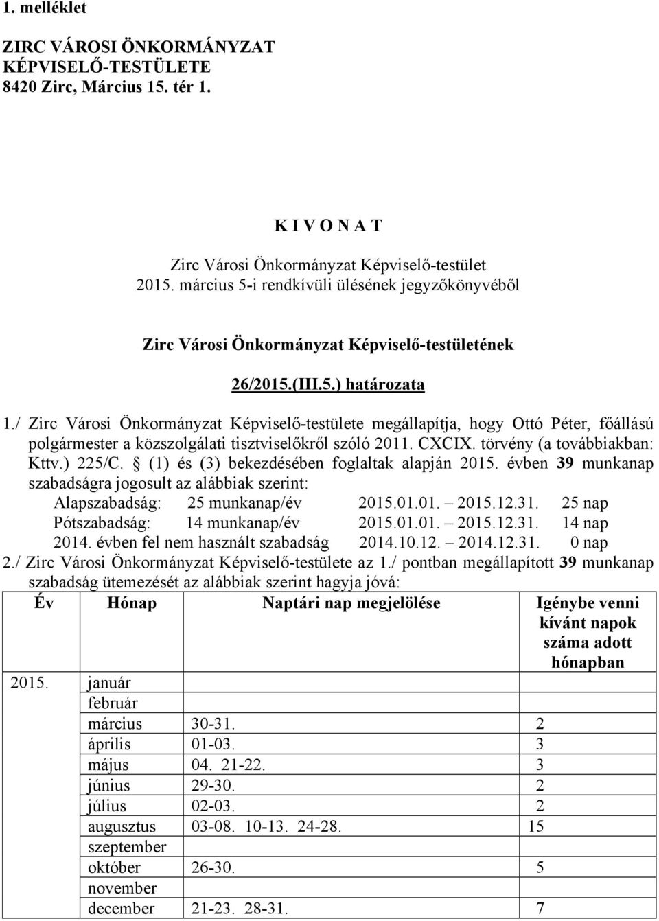 / Zirc Városi Önkormányzat Képviselő-testülete megállapítja, hogy Ottó Péter, főállású polgármester a közszolgálati tisztviselőkről szóló 2011. CXCIX. törvény (a továbbiakban: Kttv.) 225/C.