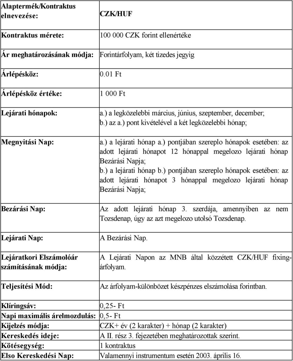 01 Ft 1 000 Ft A Lejárati Napon az MNB által közzétett CZK/HUF fixingárfolyam.