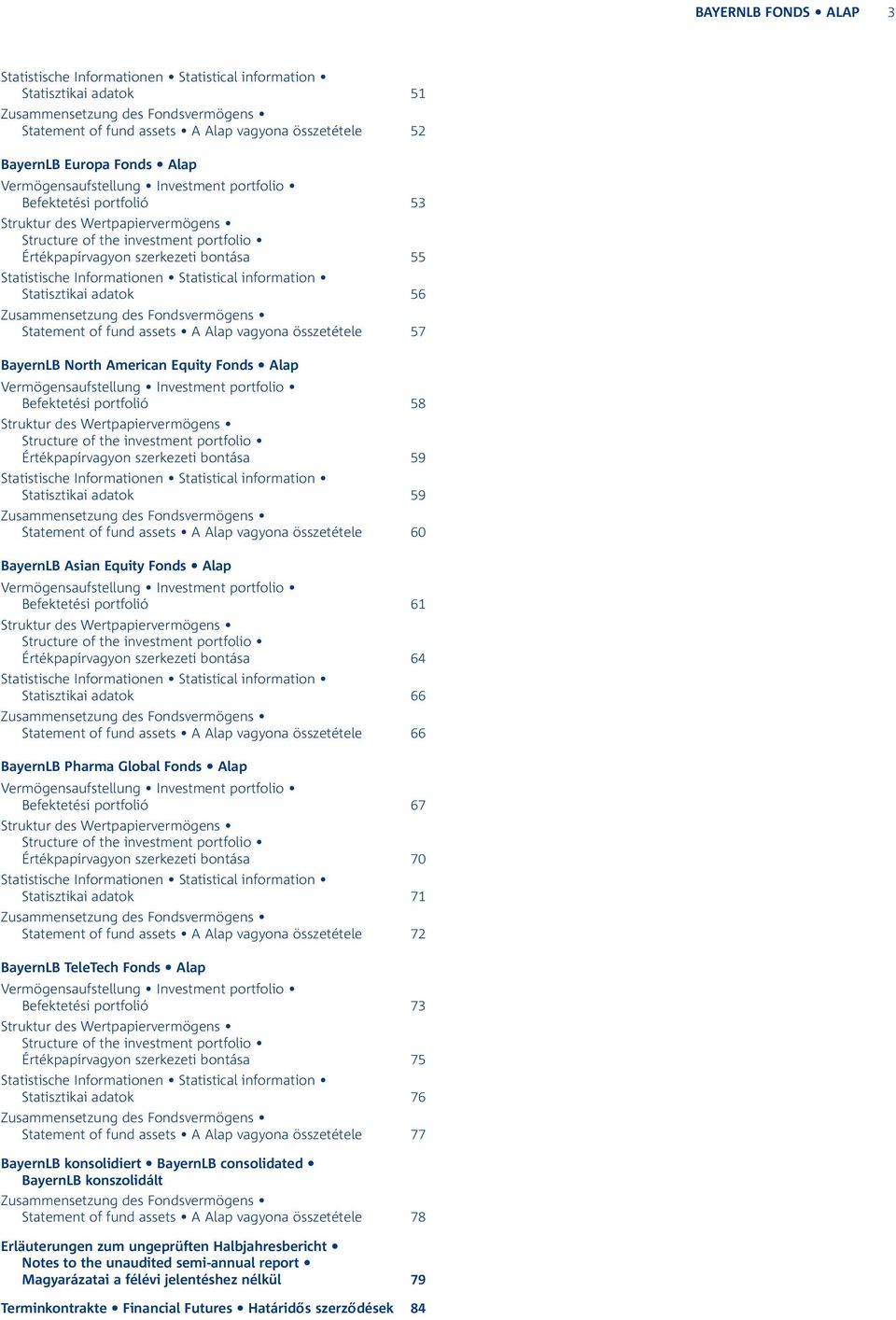 Statistische Informationen Statistical information Statisztikai adatok 56 Zusammensetzung des Fondsvermögens Statement of fund assets A Alap vagyona összetétele 57 BayernLB North American Equity