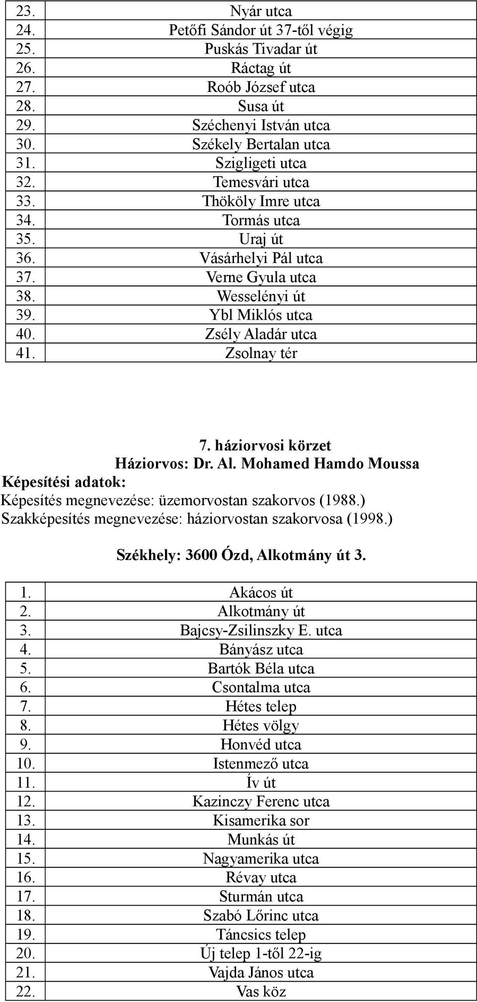 háziorvosi körzet Háziorvos: Dr. Al. Mohamed Hamdo Moussa Képesítés megnevezése: üzemorvostan szakorvos (1988.) Szakképesítés megnevezése: háziorvostan szakorvosa (1998.