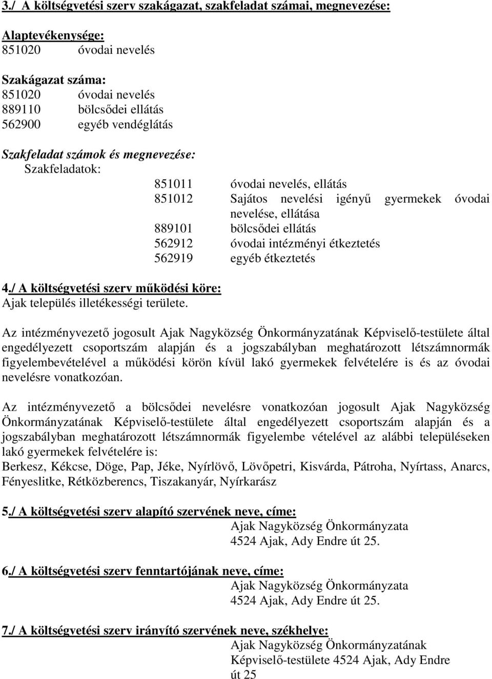 intézményi étkeztetés 562919 egyéb étkeztetés 4./ A költségvetési szerv működési köre: Ajak település illetékességi területe.