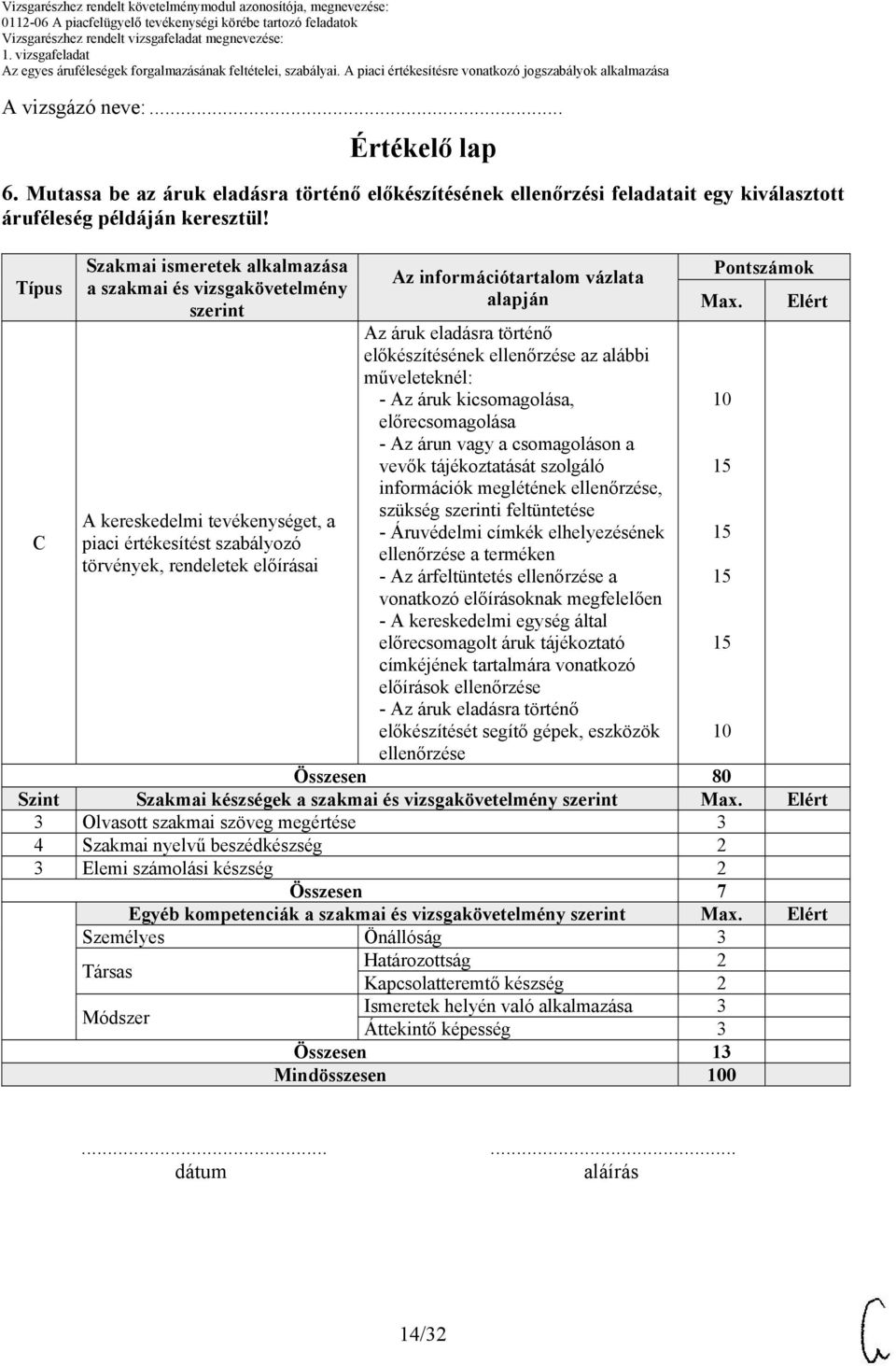 vázlata Az áruk eladásra történő előkészítésének ellenőrzése az alábbi műveleteknél: - Az áruk kicsomagolása, előrecsomagolása - Az árun vagy a csomagoláson a vevők tájékoztatását szolgáló