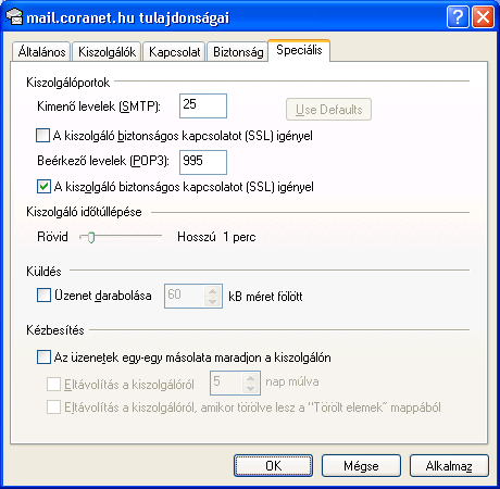 5. A megnyíló ablakban a Speciális fülön jelölje ki a Beérkező levelek (POP3) mező alatt az A kiszolgáló titkosított kapcsolatot (SSL)