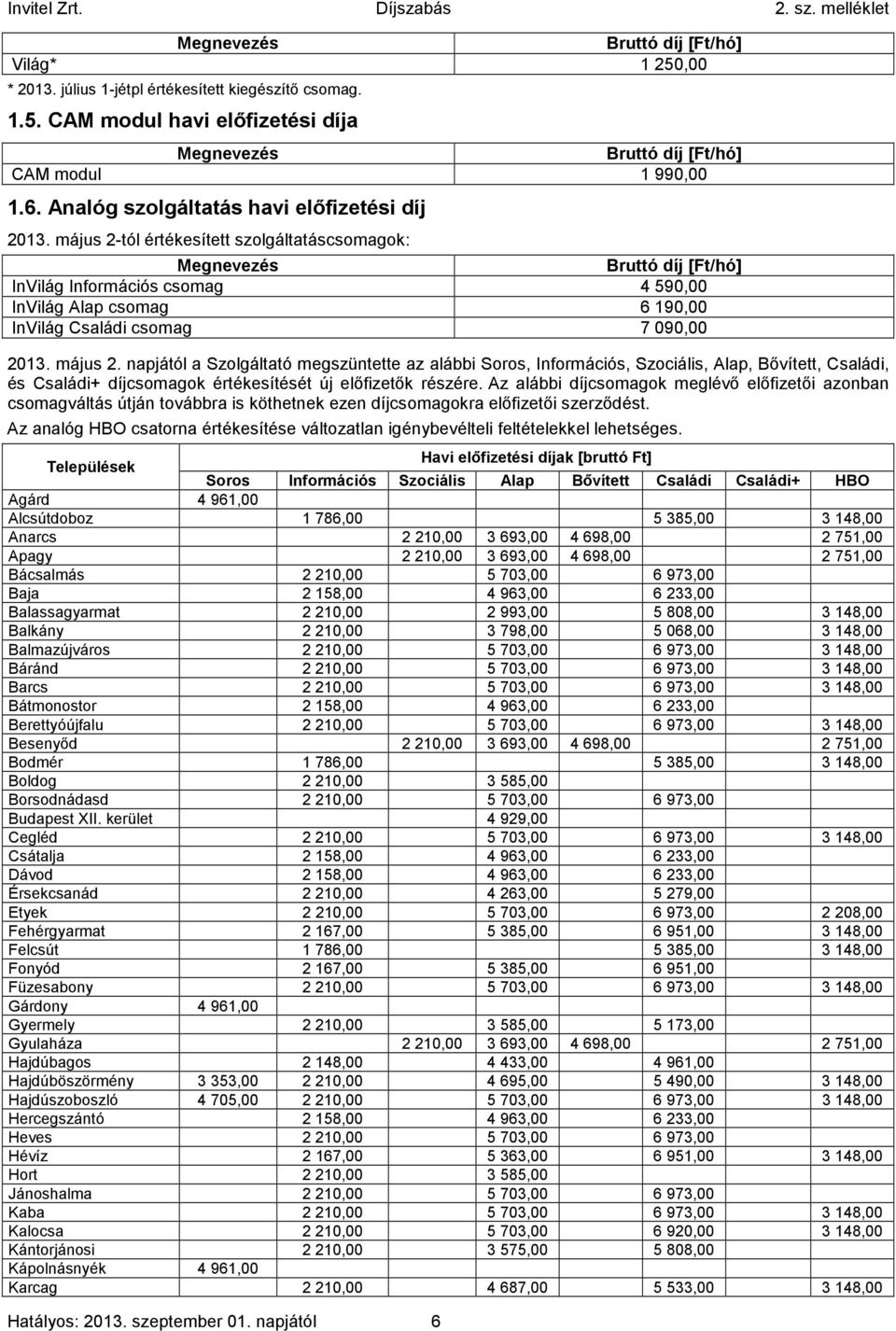 május 2-tól értékesített szolgáltatáscsomagok: Megnevezés Bruttó díj [Ft/hó] InVilág Információs csomag 4590,00 InVilág Alap csomag 6190,00 InVilág Családi csomag 7090,00 2013. május 2.