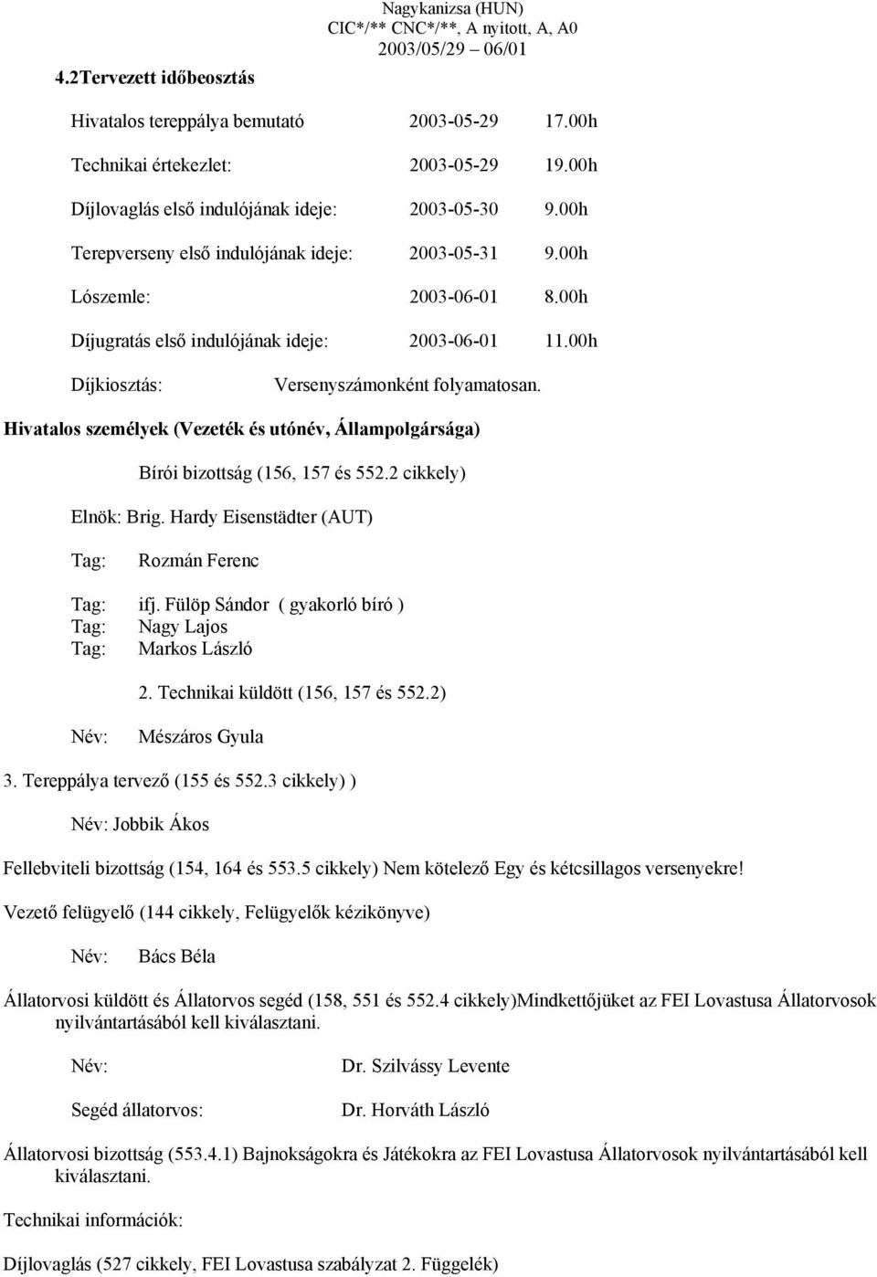 Hivatalos személyek (Vezeték és utónév, Állampolgársága) Bírói bizottság (156, 157 és 552.2 cikkely) Elnök: Brig. Hardy Eisenstädter (AUT) Tag: Rozmán Ferenc Tag: ifj.