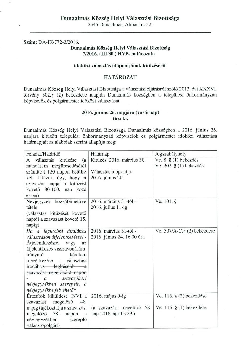 * (2) bekezdése alapján Dunaalmás községben a települési önkormányzati képviselők és polgármester időközi választását 2016. június 26. napjára (vasárnap) tűzi ki.