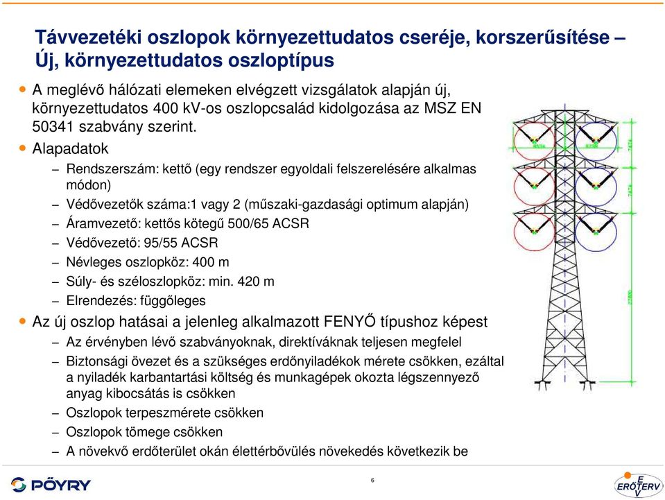 Alapadatok Rendszerszám: kettő (egy rendszer egyoldali felszerelésére alkalmas módon) Védővezetők száma:1 vagy 2 (műszaki-gazdasági optimum alapján) Áramvezető: kettős kötegű 500/65 Védővezető: 95/55