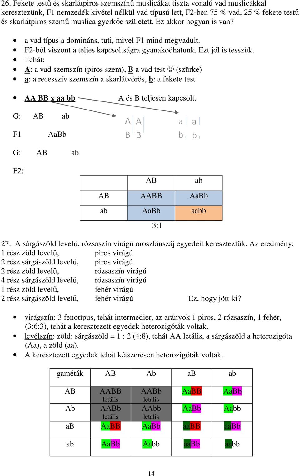 Tehát: A: a vad szemszín (piros szem), B a vad test () a: a recesszív szemszín a skarlátvörös, b: a fekete test AA BB x aa bb A és B teljesen kapcsolt.