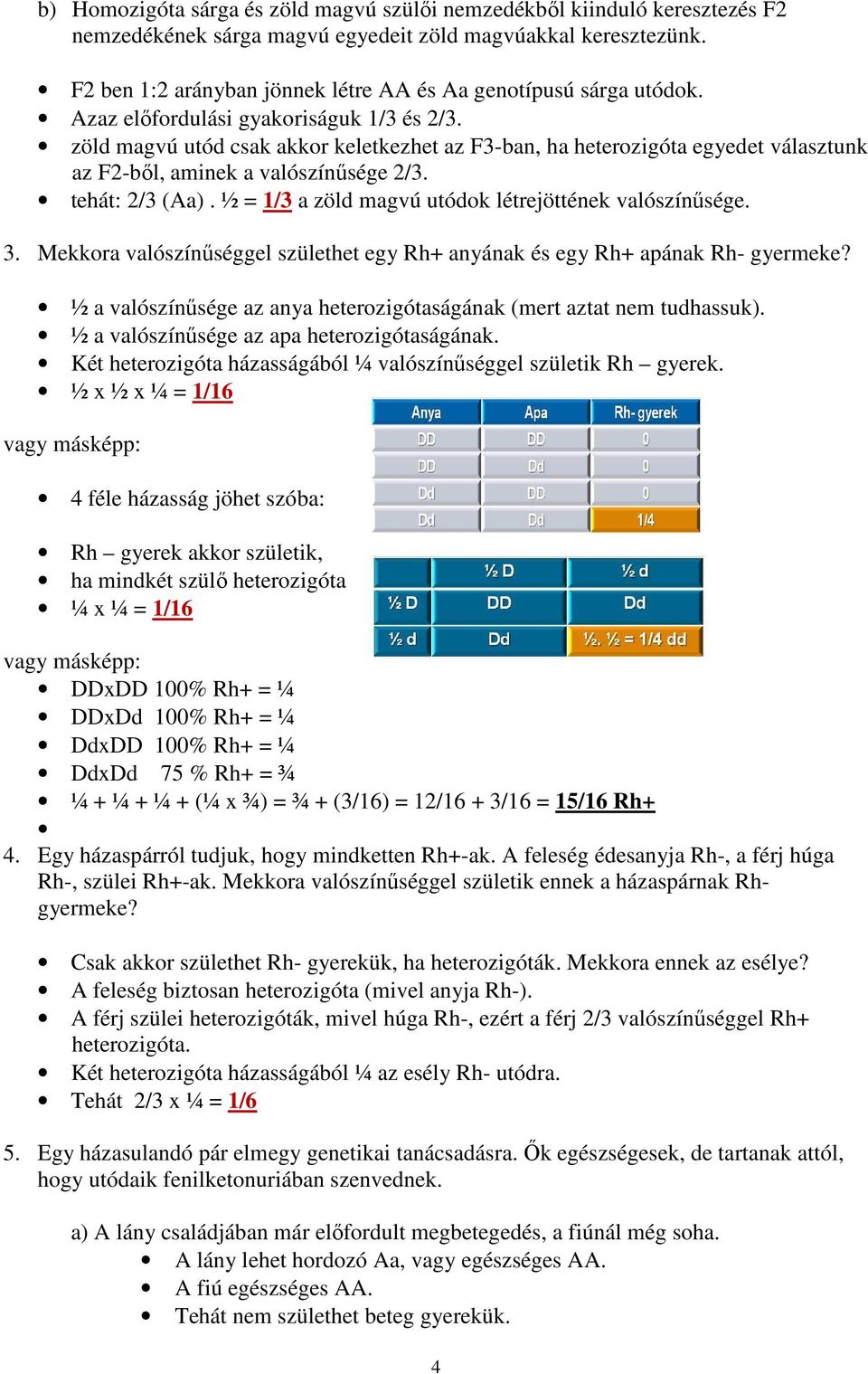 zöld magvú utód csak akkor keletkezhet az F3-ban, ha heterozigóta egyedet választunk az F2-ből, aminek a valószínűsége 2/3. tehát: 2/3 (Aa). ½ = 1/3 a zöld magvú utódok létrejöttének valószínűsége. 3.