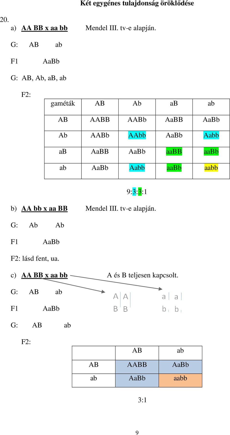 AaBB aabb aabb ab Aabb aabb aabb 9:3:3:1 b) AA bb x aa BB Mendel III. tv-e alapján.