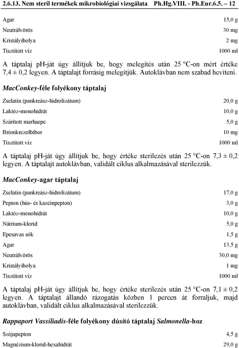 MacConkey-féle folyékony Zselatin (pankreász-hidrolizátum) Laktóz-monohidrát Szárított marhaepe Brómkrezolbíbor 20,0 g 10 mg A ph-ját úgy állítjuk be, hogy értéke sterilezés után 25 C-on 7,3 ± 0,2