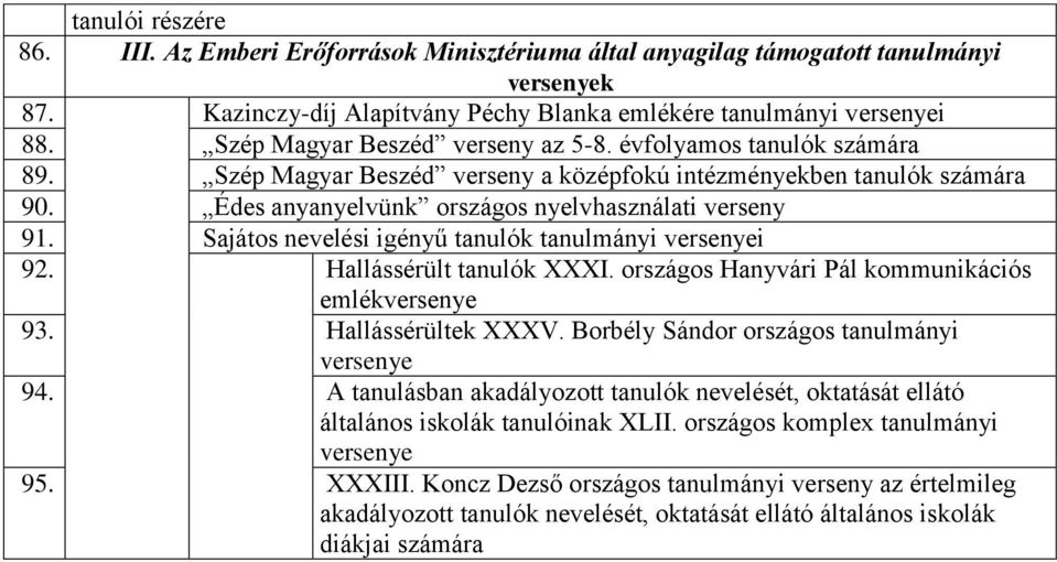 Sajátos nevelési igényű tanulók tanulmányi versenyei 92. Hallássérült tanulók XXXI. országos Hanyvári Pál kommunikációs emlékversenye 93. Hallássérültek XXXV.