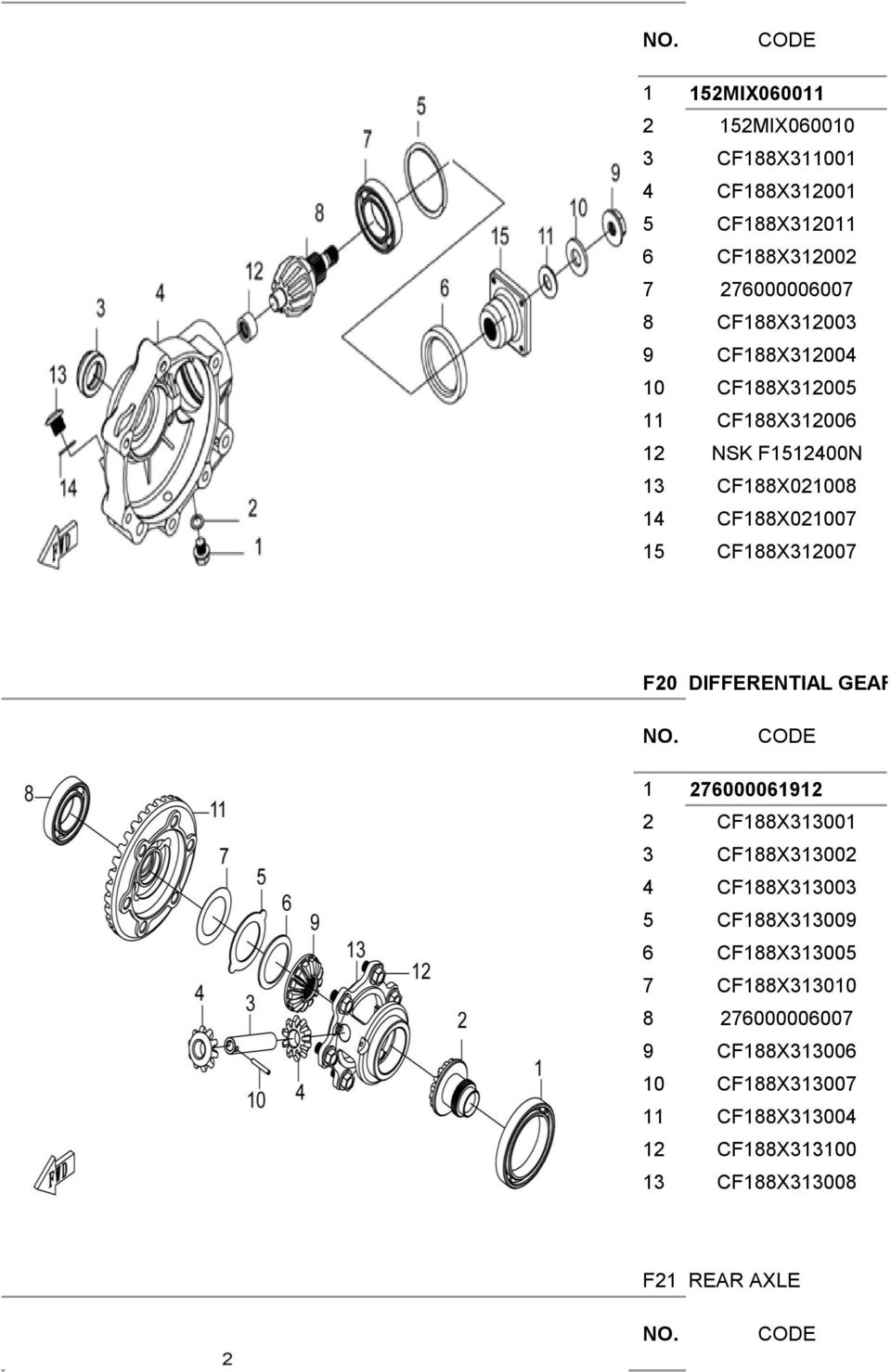 CF188X312007 F20 DIFFERENTIAL GEAR 1 276000061912 2 CF188X313001 3 CF188X313002 4 CF188X313003 5 CF188X313009 6