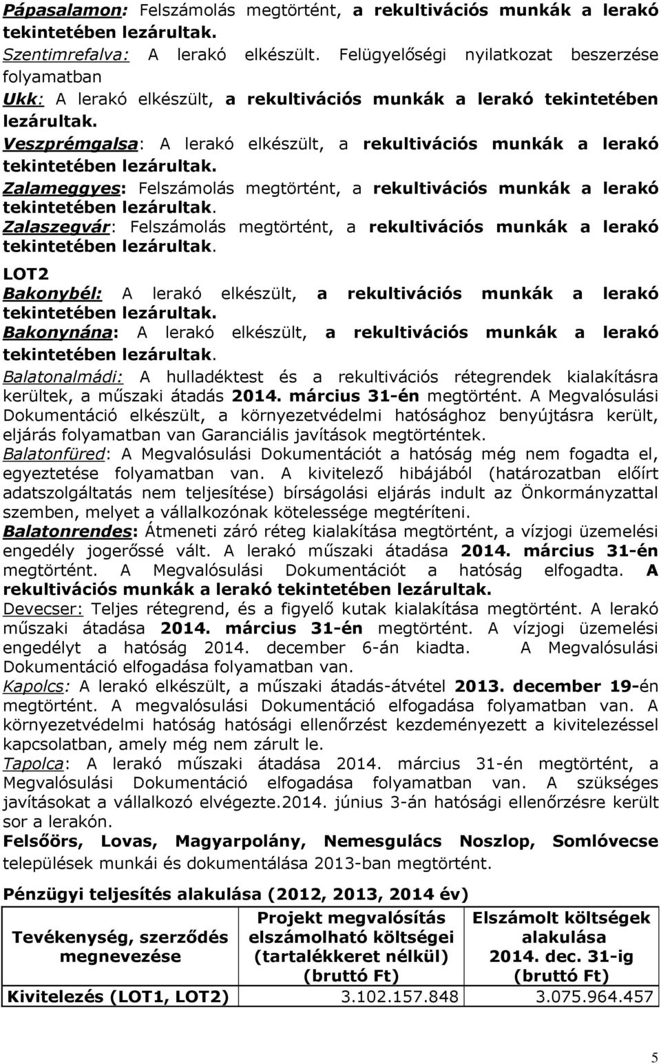 Felszámolás megtörtént, a rekultivációs munkák a lerakó Zalaszegvár: Felszámolás megtörtént, a rekultivációs munkák a lerakó LOT2 Bakonybél: A lerakó elkészült, a rekultivációs munkák a lerakó