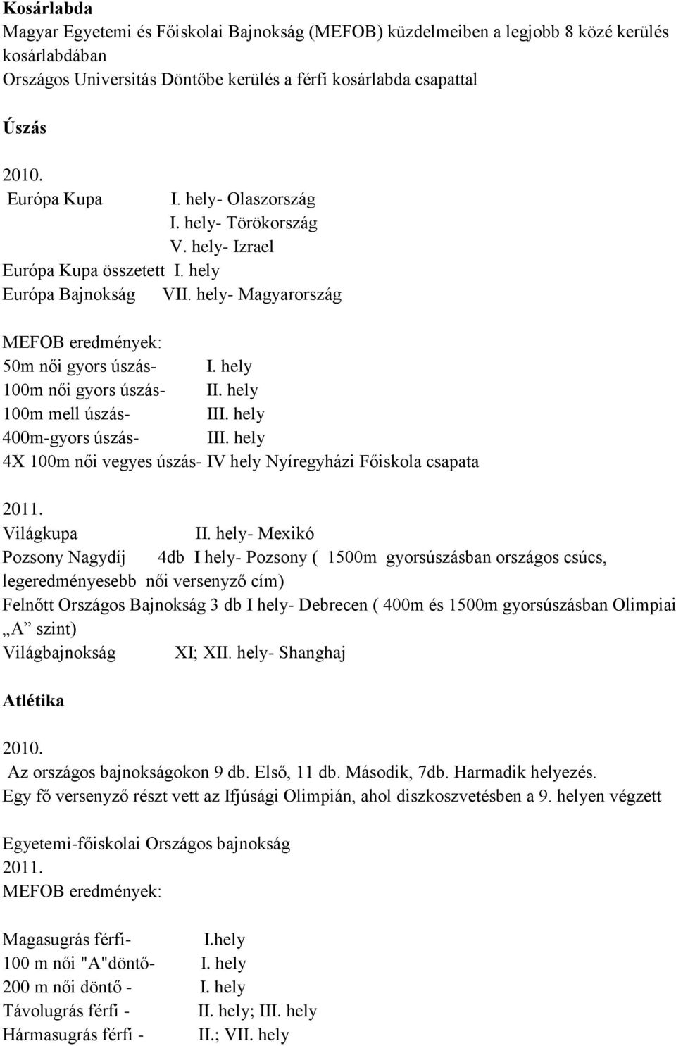 hely 100m női gyors úszás- II. hely 100m mell úszás- III. hely 400m-gyors úszás- III. hely 4X 100m női vegyes úszás- IV hely Nyíregyházi Főiskola csapata 2011. Világkupa II.