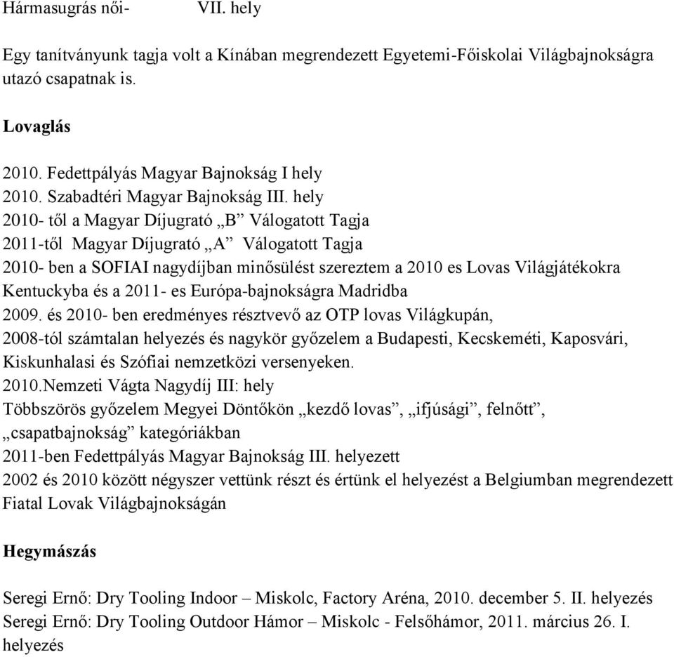 hely 2010- től a Magyar Díjugrató B Válogatott Tagja 2011-től Magyar Díjugrató A Válogatott Tagja 2010- ben a SOFIAI nagydíjban minősülést szereztem a 2010 es Lovas Világjátékokra Kentuckyba és a