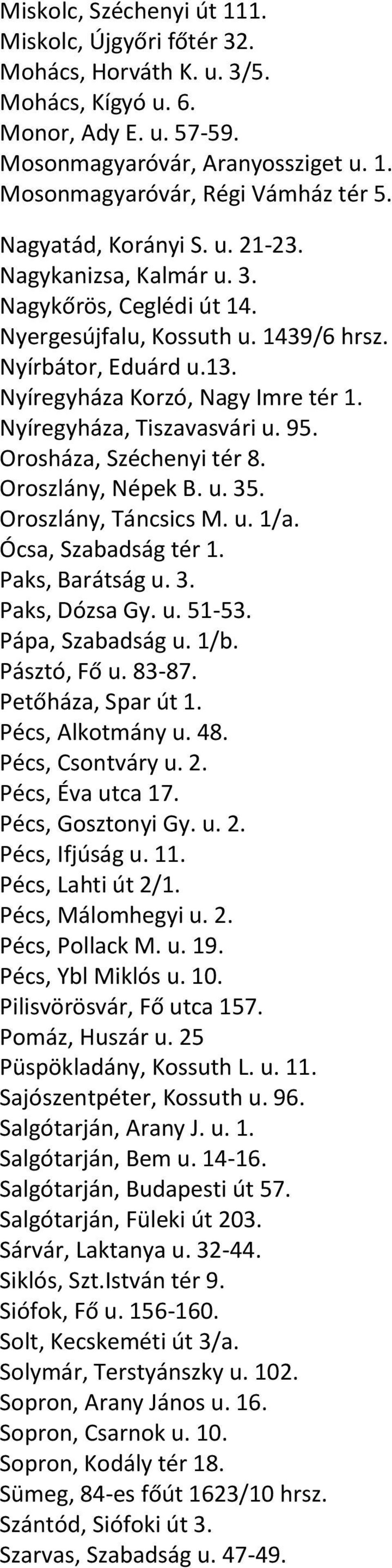 Nyíregyháza, Tiszavasvári u. 95. Orosháza, Széchenyi tér 8. Oroszlány, Népek B. u. 35. Oroszlány, Táncsics M. u. 1/a. Ócsa, Szabadság tér 1. Paks, Barátság u. 3. Paks, Dózsa Gy. u. 51-53.