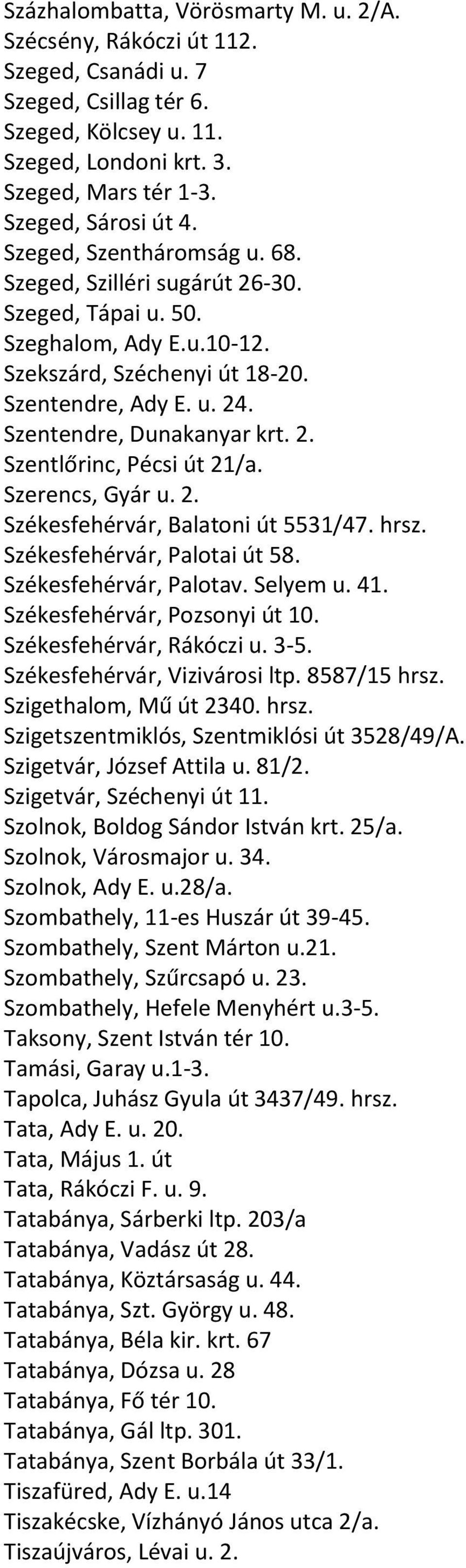 Szerencs, Gyár u. 2. Székesfehérvár, Balatoni út 5531/47. hrsz. Székesfehérvár, Palotai út 58. Székesfehérvár, Palotav. Selyem u. 41. Székesfehérvár, Pozsonyi út 10. Székesfehérvár, Rákóczi u. 3-5.