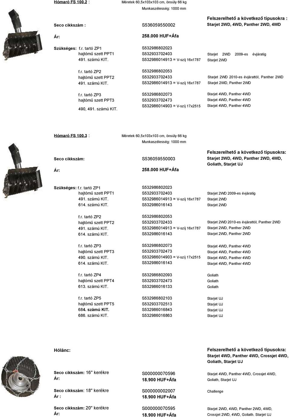 3 : Méretek 60,5x103x103 cm, önsúly 66 kg Munkaszélesség: 1000 mm S536059550003 258.000 HUF+Áfa, 4WD, Panther 2WD, 4WD,, hajtómű szett PPT1 614. számú KIT.