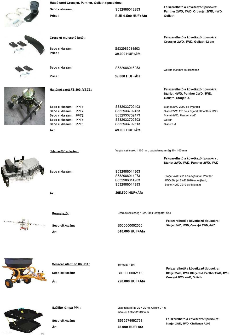 000 HUF+Áfa Starjet, 4WD, Panther 2WD, 4WD,, 2010-es évjárattól Panther 2WD "Magasfű" adapter : Vágási szélesség 1100 mm, vágási magasság 40-100 mm Felszerelhető a következő típsuokra :, 4WD, Panther