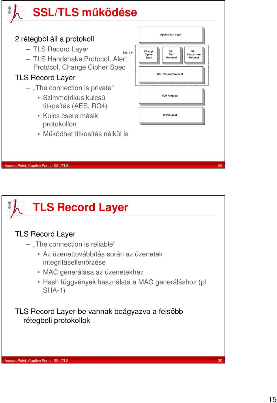 Record Layer TLS Record Layer The connection is reliable Az üzenettovábbítás során az üzenetek integritásellenőrzése MAC generálása az üzenetekhez Hash