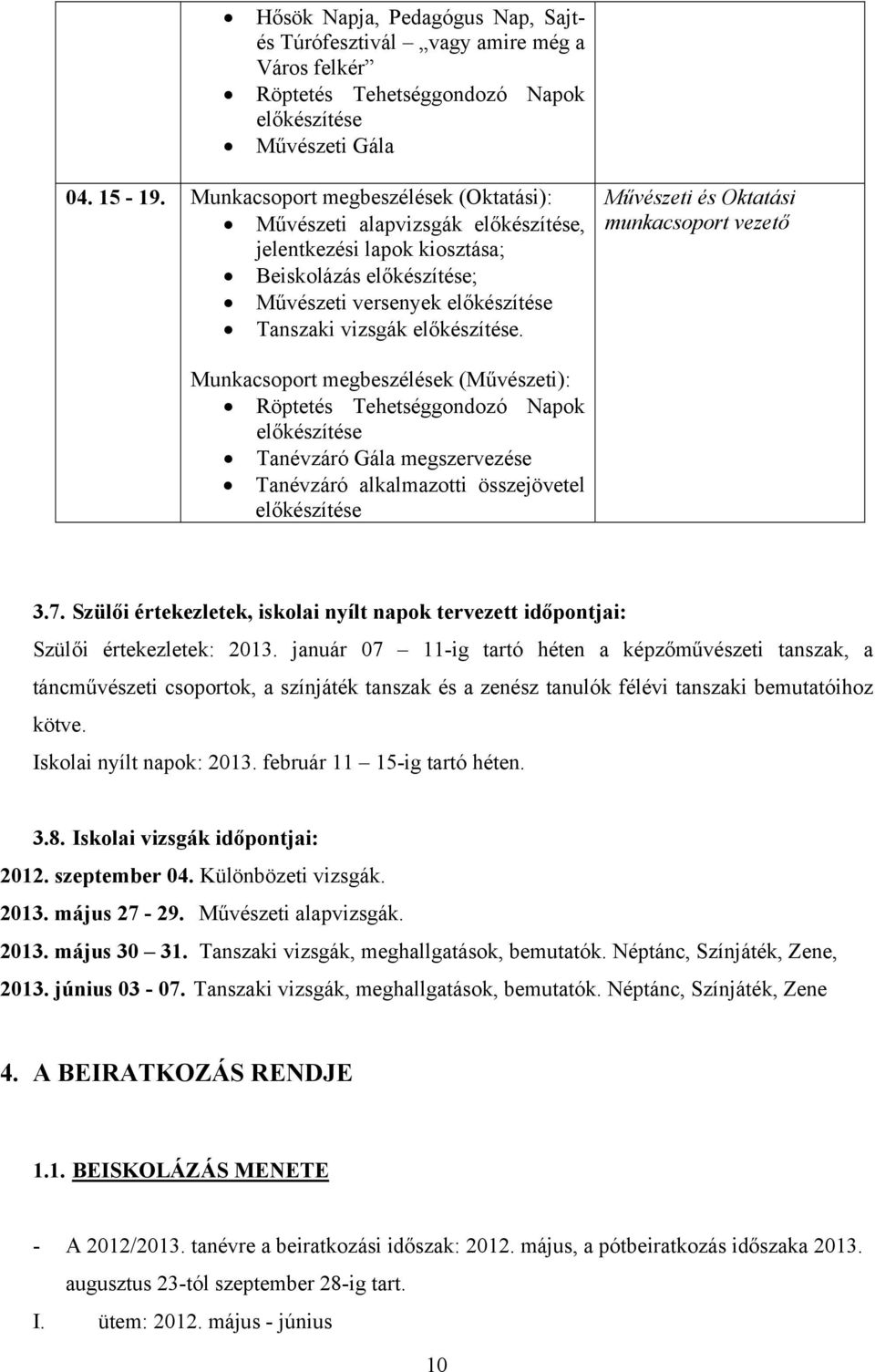 Művészeti és Oktatási munkacsoport vezető Munkacsoport megbeszélések (Művészeti): Röptetés Tehetséggondozó Napok előkészítése Tanévzáró Gála megszervezése Tanévzáró alkalmazotti összejövetel