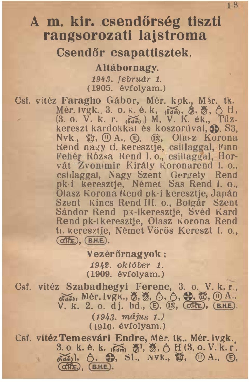 (al, Hor vát Z\'onlmir Király Koronarend I o, csillaggal, Nagy Szent Gergely Rend pk i keresztje, Német Sas Rend I o, Olasz Korona J:{end pk-i keresztje, Japán Szent Kincs Rend IlL o, Bolgár zent