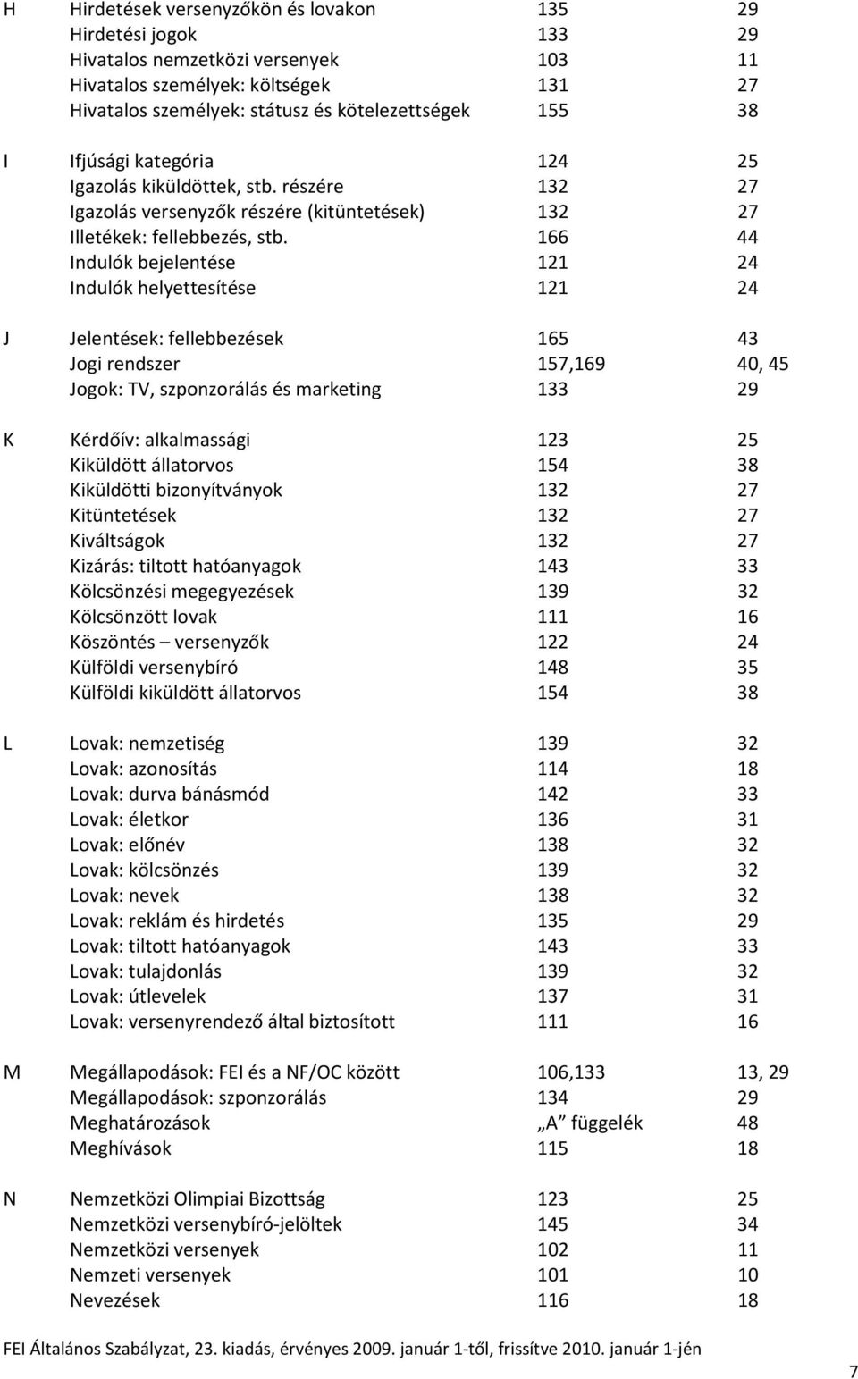 166 44 Indulók bejelentése 121 24 Indulók helyettesítése 121 24 J Jelentések: fellebbezések 165 43 Jogi rendszer 157,169 40, 45 Jogok: TV, szponzorálás és marketing 133 29 K Kérdőív: alkalmassági 123