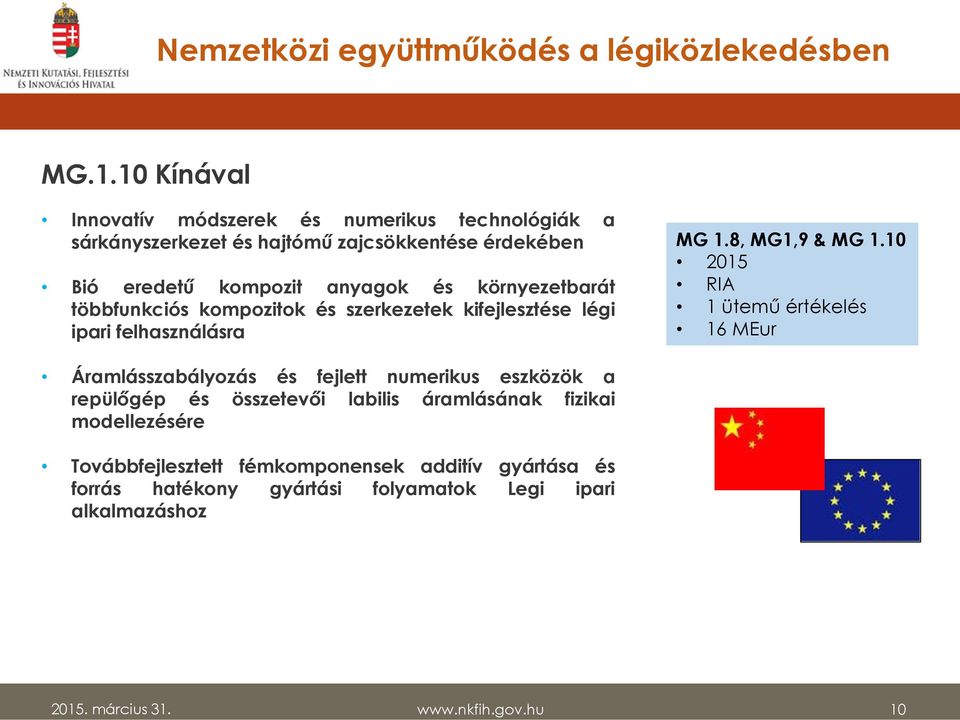 környezetbarát többfunkciós kompozitok és szerkezetek kifejlesztése légi ipari felhasználásra MG 1.8, MG1,9 & MG 1.