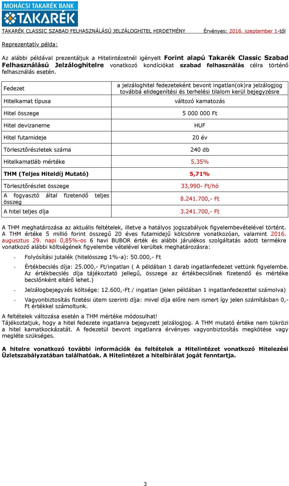 Fedezet Hitelkamat típusa Hitel összege Hitel devizaneme Hitel futamideje Törlesztőrészletek száma a jelzáloghitel fedezeteként bevont ingatlan(ok)ra jelzálogjog továbbá elidegenítési és terhelési